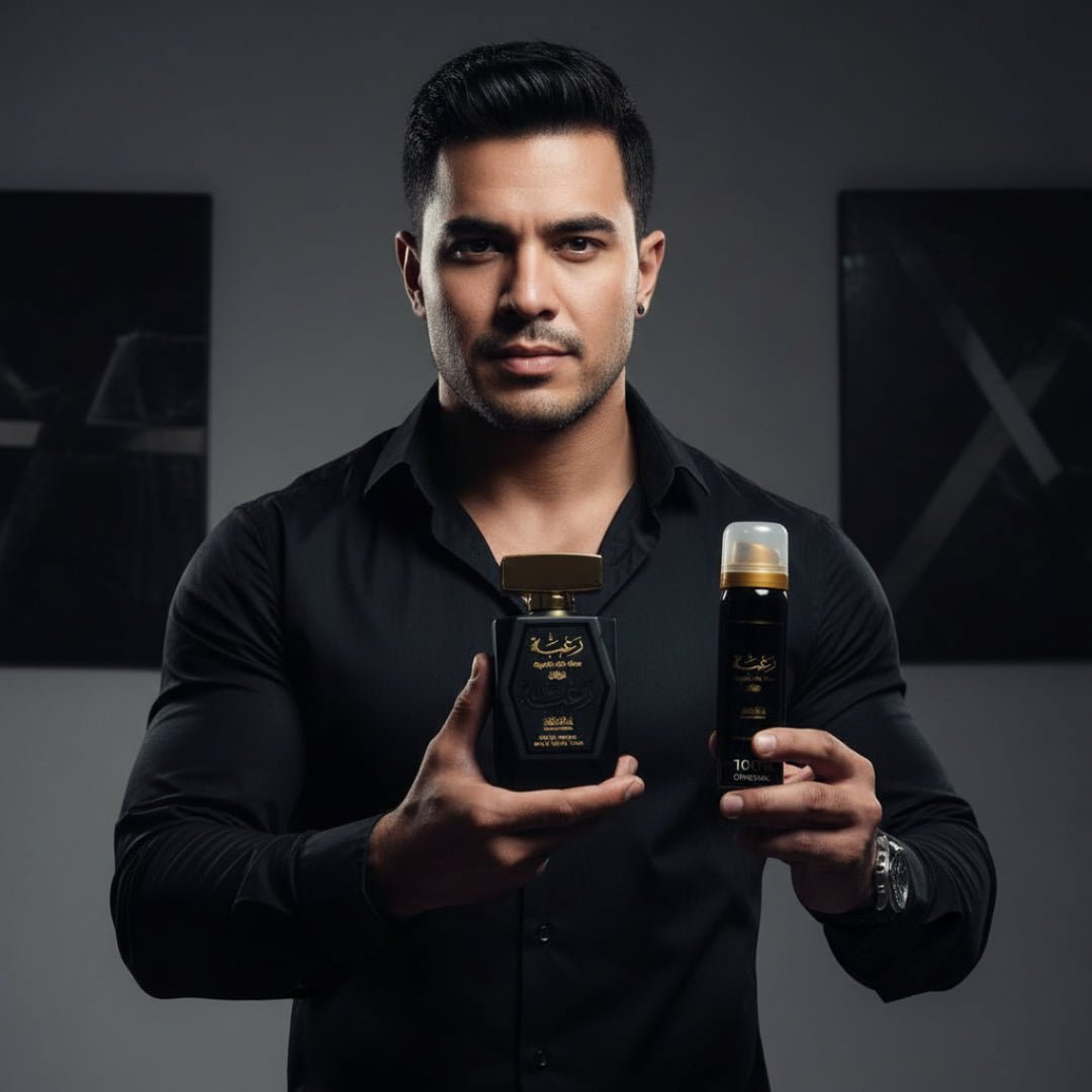 Lelaki pakai baju hitam tangan pegang botol Lattafa Raghba edp dekat depan
