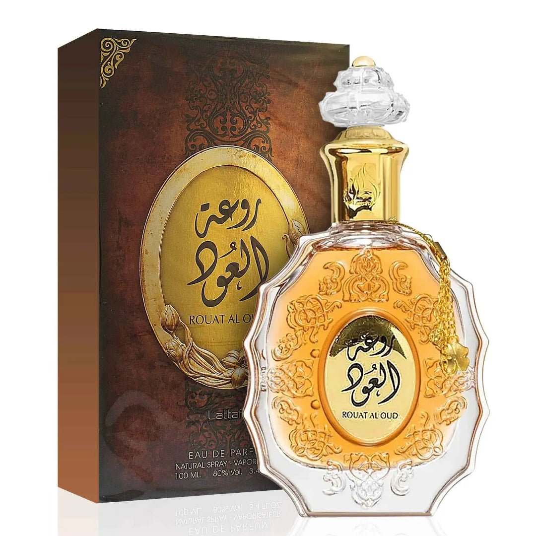 Lattafa rouat al oud unisex edp botol kaca hiasan emas dekat coklat
