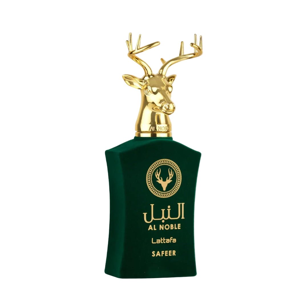 Lattafa safeer al noble green mewah perfume dispray latar putih dekat