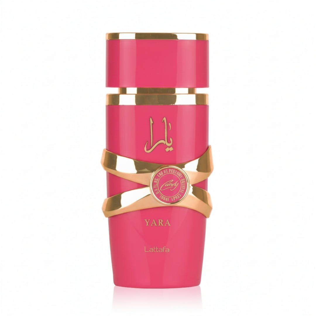 Yara Candy Lattafa edp women pink fragrance spray white background closeup view front side