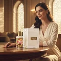 Woman in white dress holding Ajayeb Dubai Portrait Lattafa edp beside table