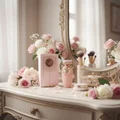 Haya Lattafa pink fragrance on vanity table surrounded flowers makeup brushes mirror