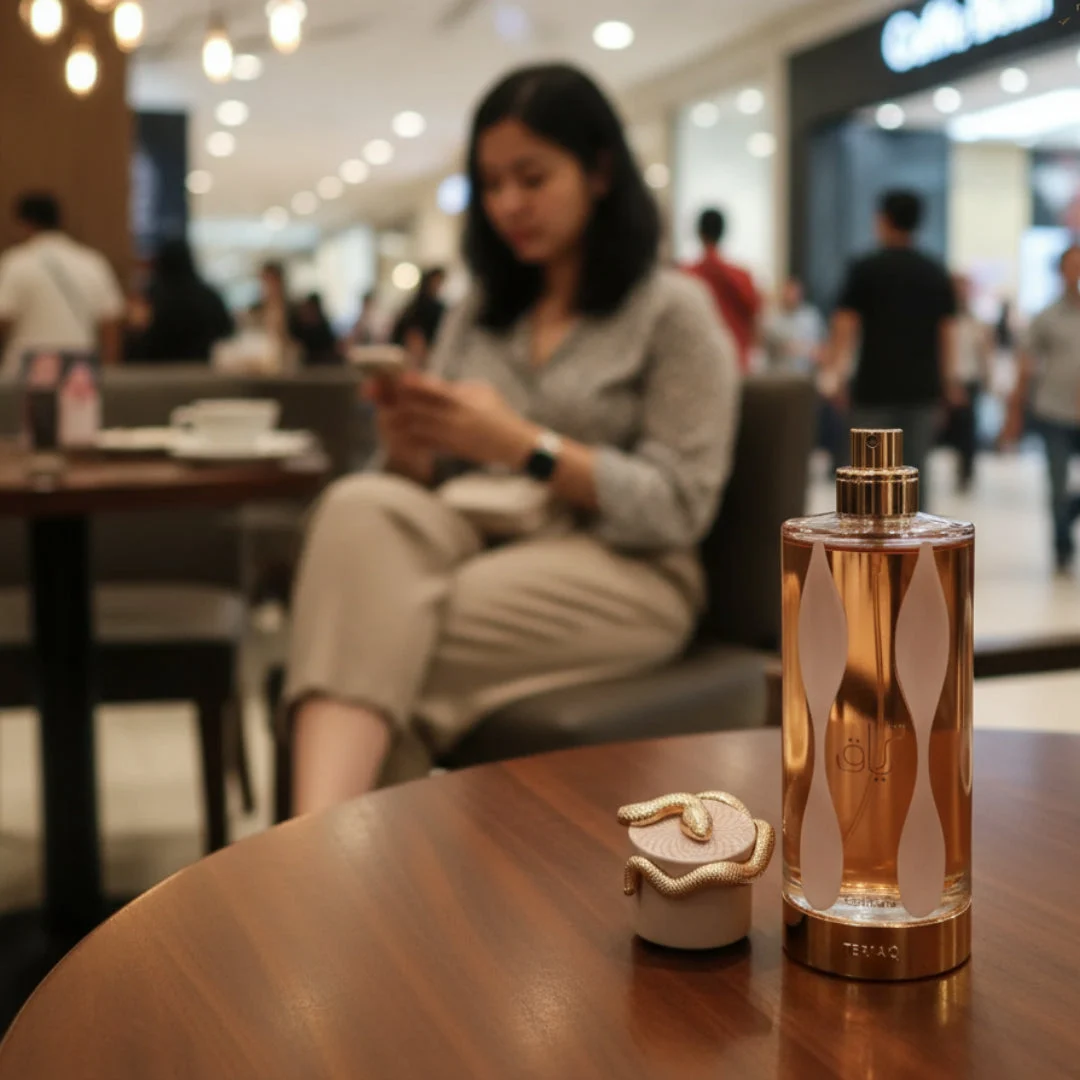 Teriaq Lattafa unisex edp fragrance rose gold glass wooden table closeup view