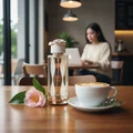 Teriaq Lattafa unisex edp wooden table beside coffee cup flower cafe setting closeup
