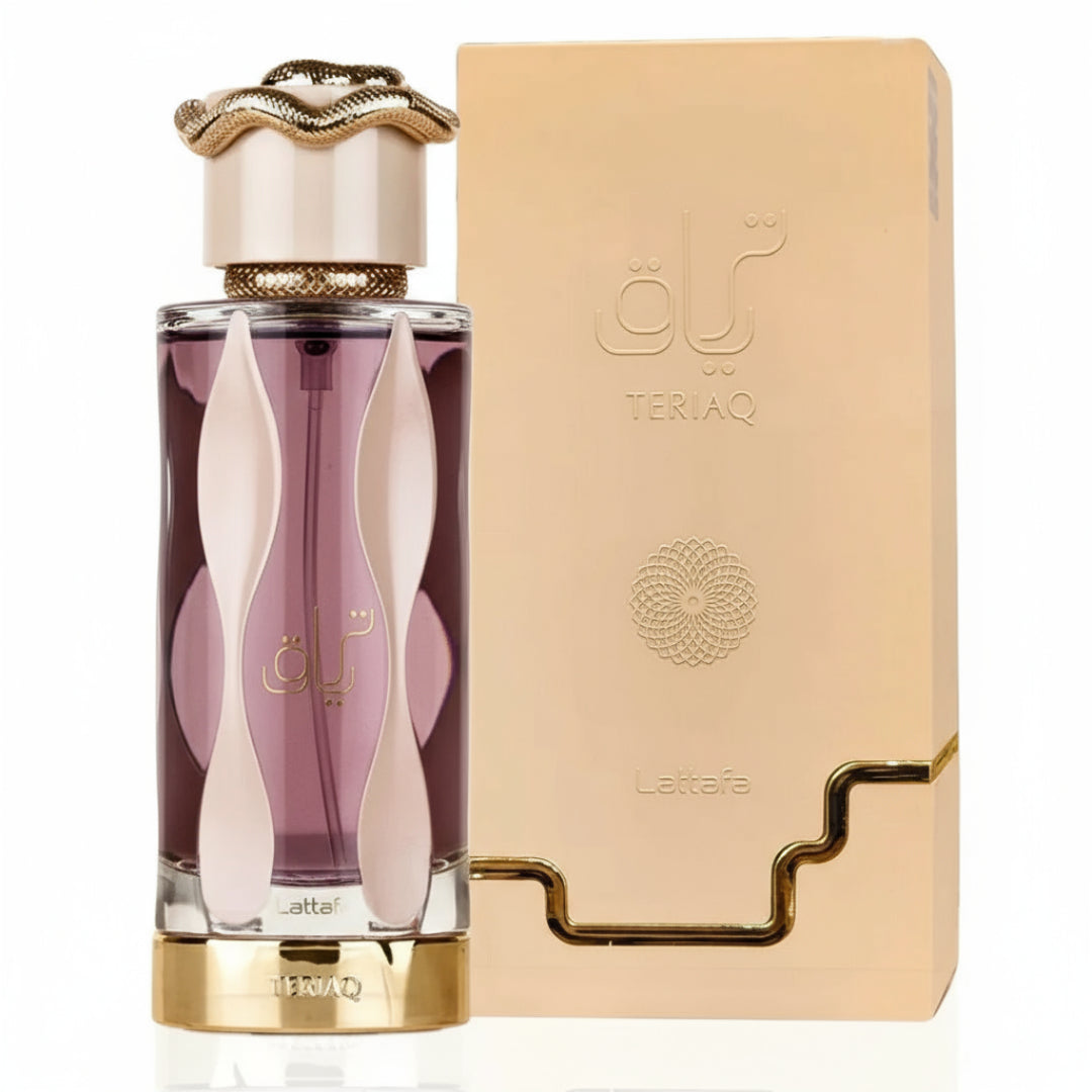 Teriaq Lattafa unisex perfume bottle and box arabian style white background