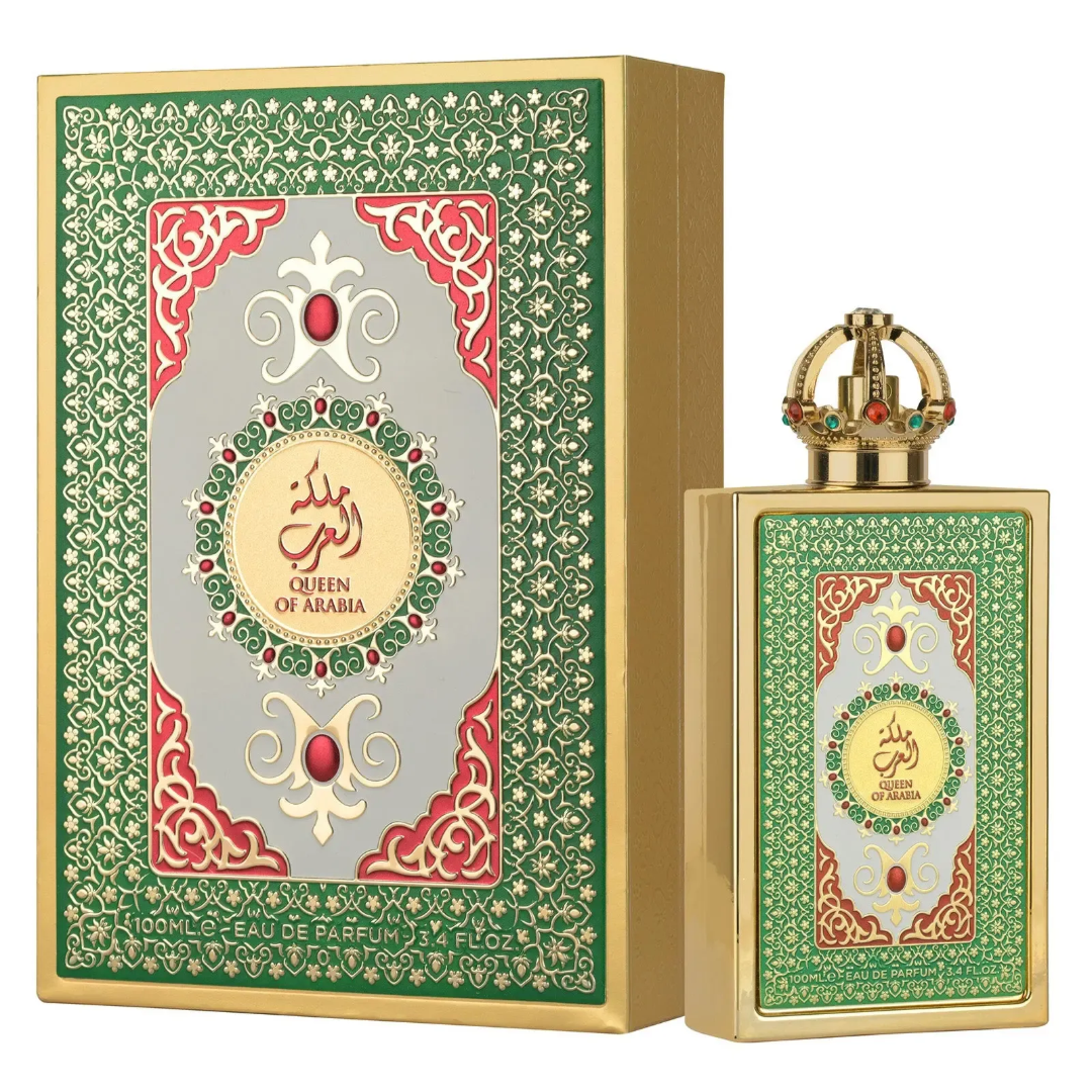 Queen Of Arabia Lattafa Pride pembungkusan perfume mewah emas sudut sisi depan