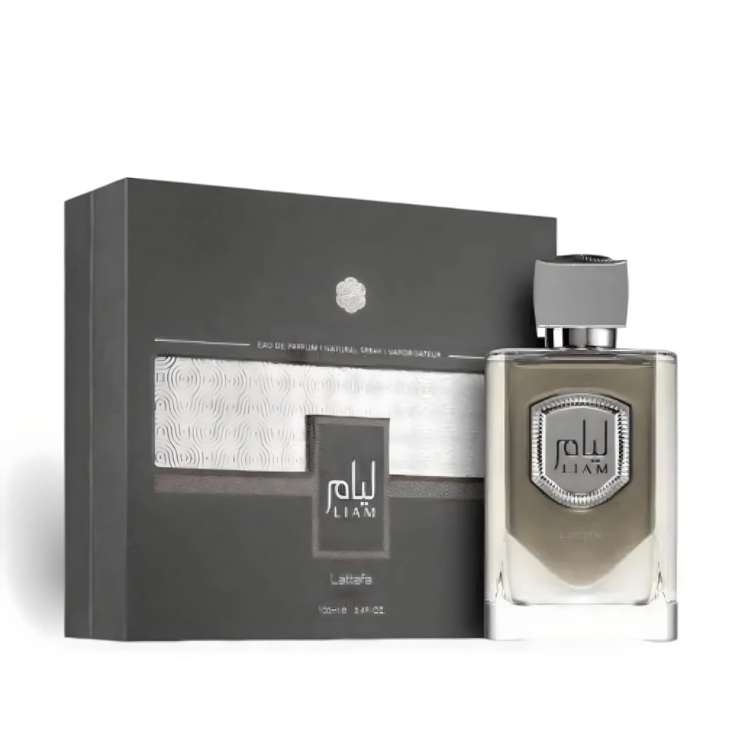 Liam Grey Lattafa edp perfume botol dan kotak setengah terbuka meja putih