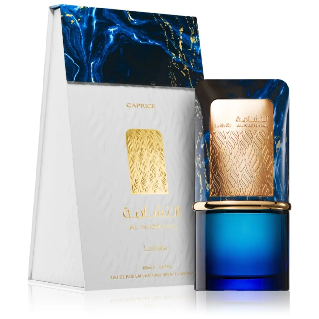 Botol biru gold Al Nashama Caprice Lattafa perfume atas marmar gelap
