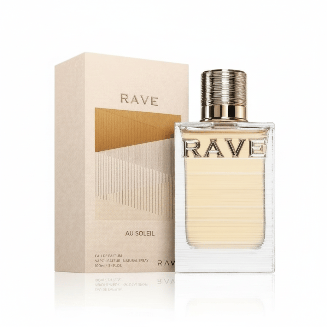 Au Soleil Rave edp beige packaging white background clear glass fragrance container