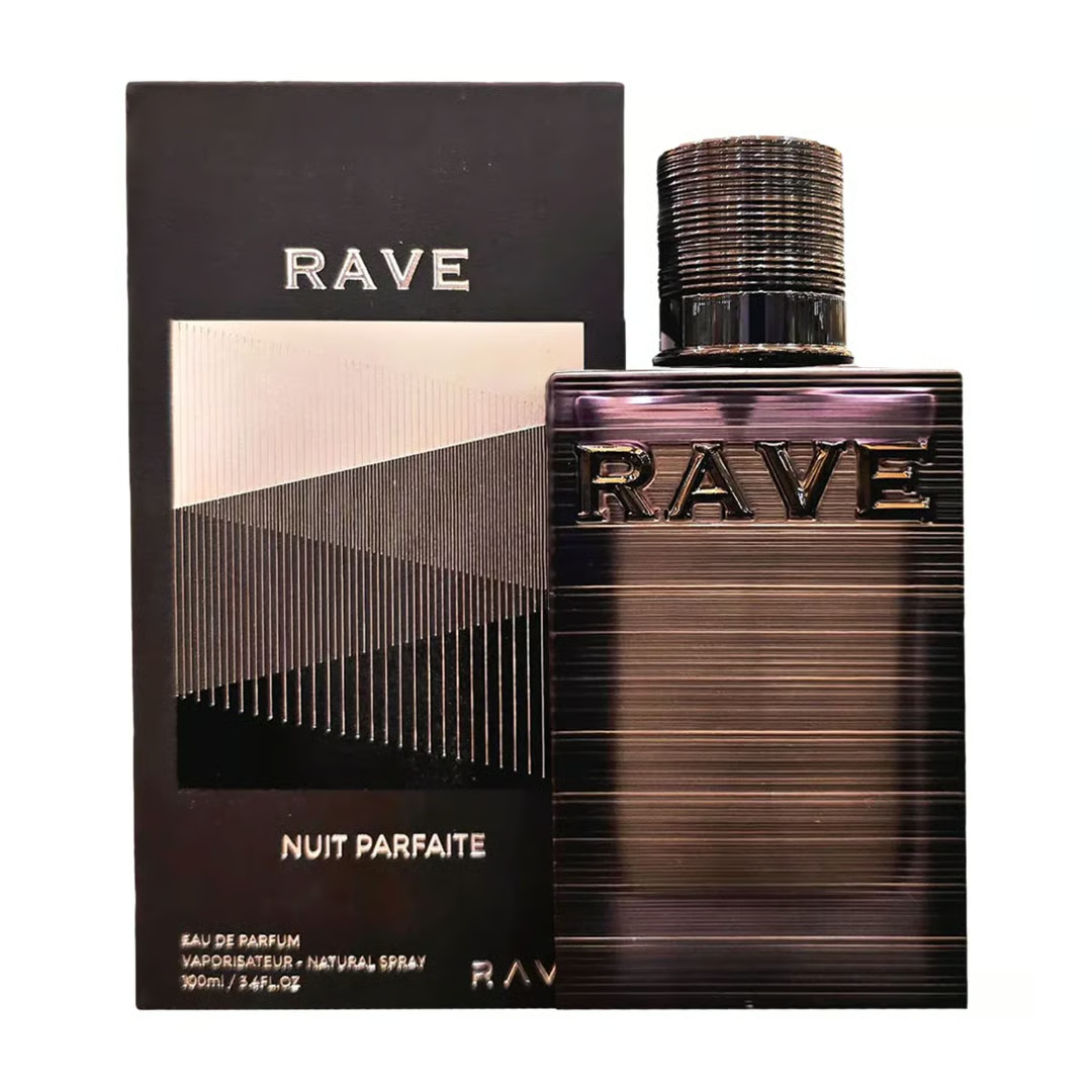 Nuit Parfaite Rave edp perfume bottle next black packaging white background closeup side