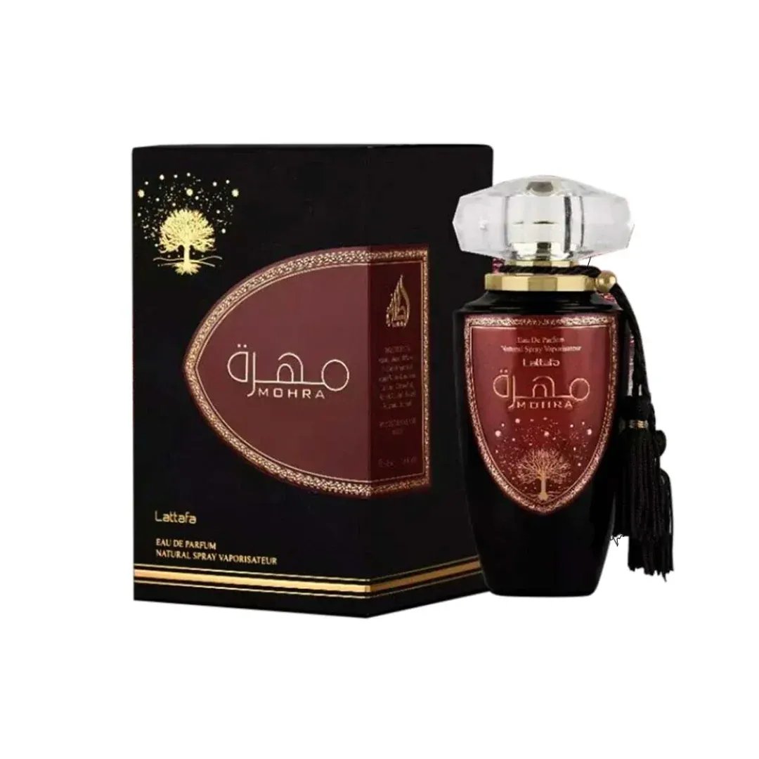 Mohra Lattafa edp botol + kotak hitam mewah, hiasan emas