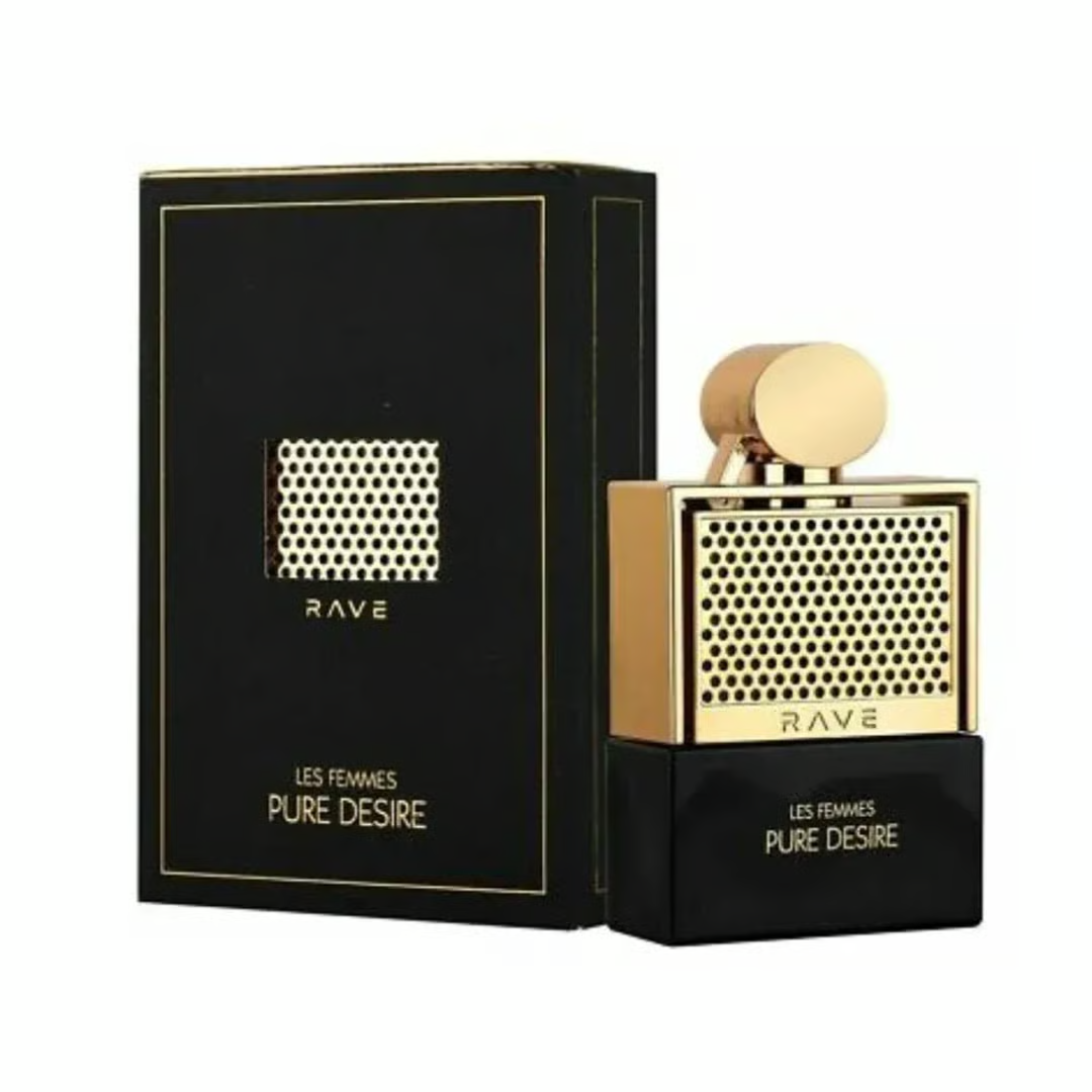 Rave Pure Desire Gold edp perfume bottle and black box with gold dots design square