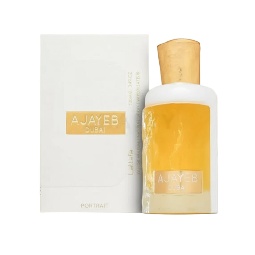 Ajayeb Dubai Portrait Lattafa edp pembungkusan putih botol kaca kuning dekat