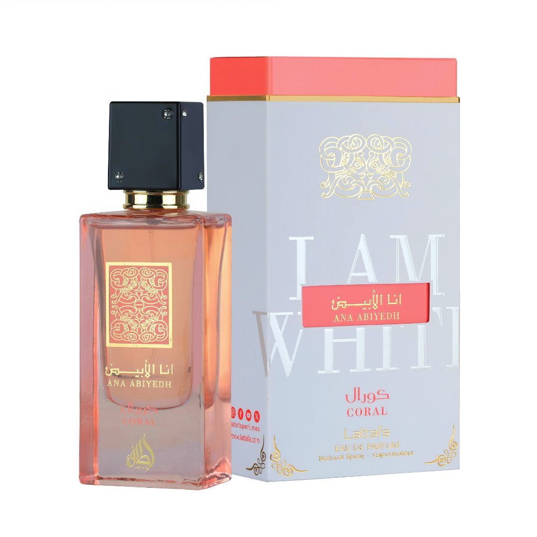 Ana Abiyedh Coral Lattafa edp botol kaca merah jambu kotak pembungkusan kelabu