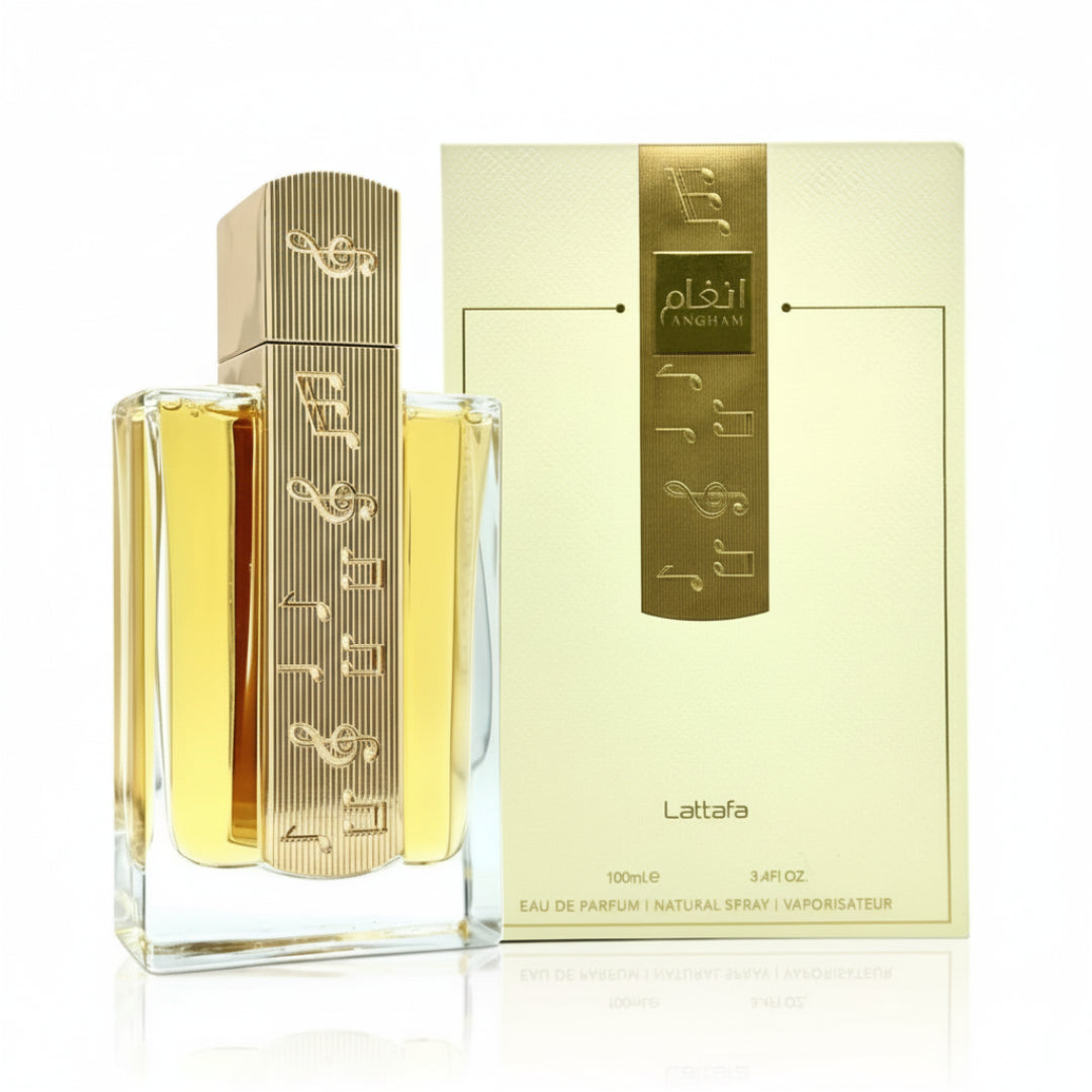 Angham Lattafa EDP perfume perempuan classy pembungkusan emas latar putih dekat