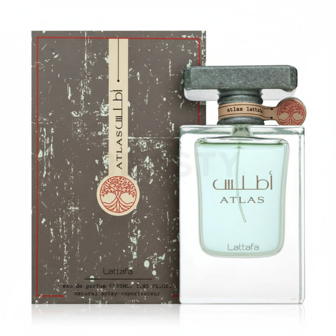 Atlas Lattafa edp botol kaca biru gelap kotak coklat tua retak bersih