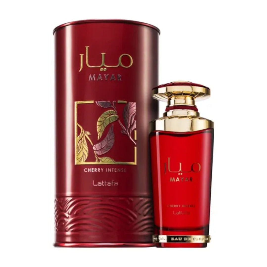 Mayun Cherry Intense Lattafa edp botol silinder merah latar putih dekat