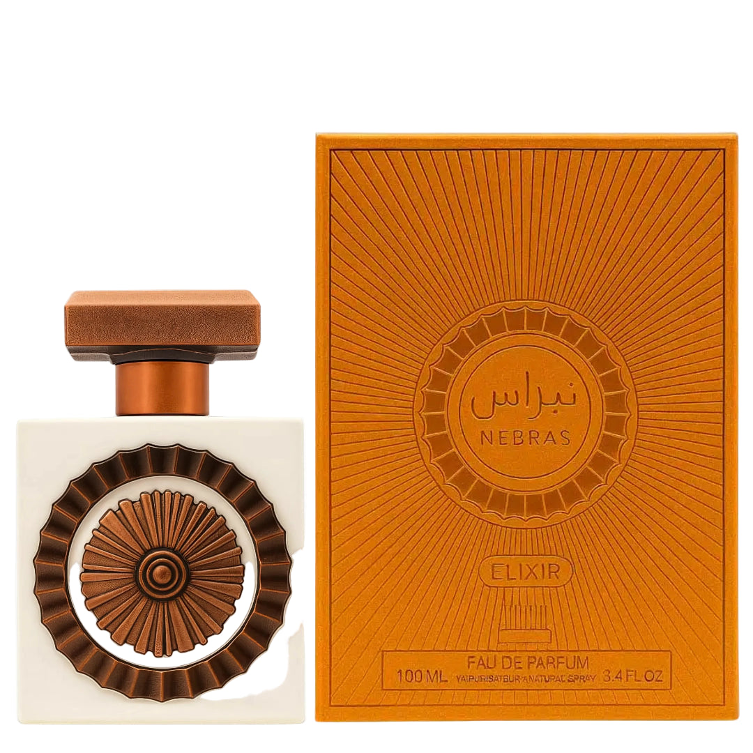 Botol Nebras Elixir Lattafa, minyak wangi, kotak oren putih coklat, mewah