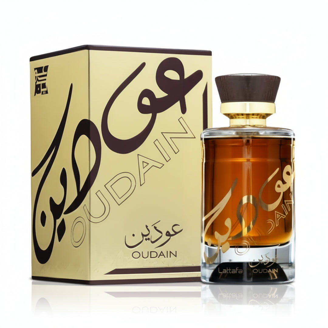 Oudain Lattafa perfume botol kaca kotak label arab gelap samping putih