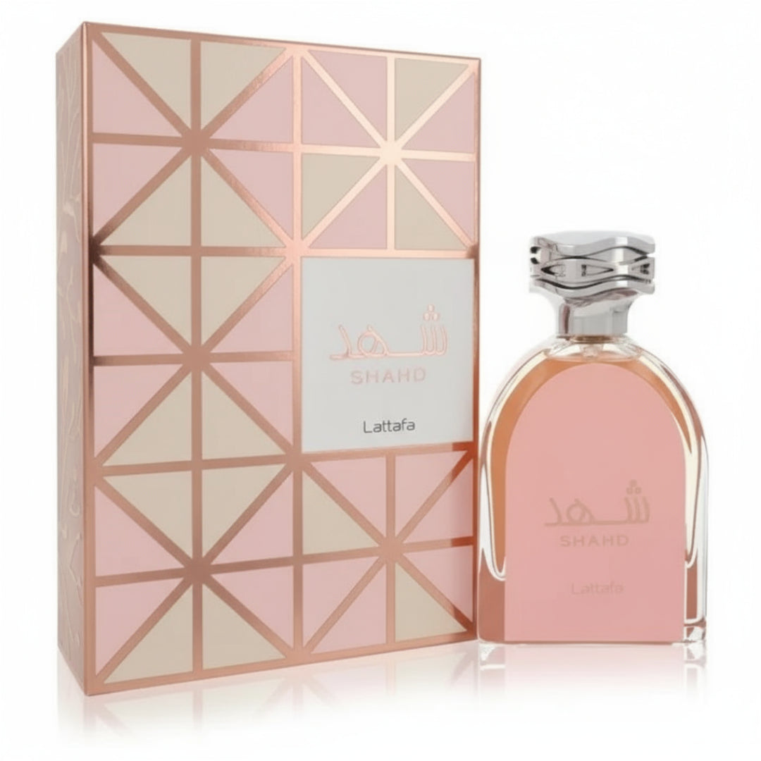 Shahd Lattafa kaca merah jambu classy pembungkusan mewah aksen rose gold