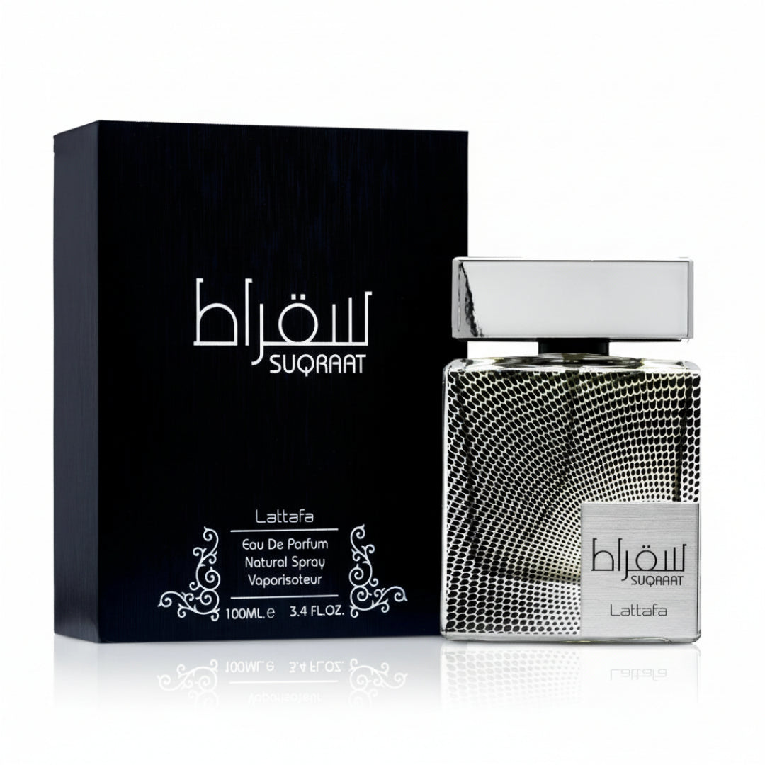Botol perfume Suqraat Lattafa edp lelaki kaca perak, pembungkusan hitam, latar putih