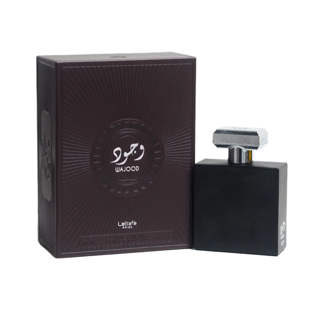 Wajood Lattafa eau de parfum, botol hitam, kotak coklat mewah, latar putih