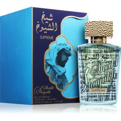Lattafa Sheikh Al Shuyukh Supreme by Lattafa 100ml — A blue box with Arabic calligraphy and a portrait of a man in a headscarf is next to a clear glass perfume bottle with a gold textured cap and light green liquid. | Lattafa Sheikh Al Shuyukh Supreme by Lattafa 100ml — Kotak biru dengan kaligrafi Arab dan potret