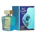 Lattafa Sheikh Al Shuyukh Supreme by Lattafa 100ml — A blue box with Arabic calligraphy and a portrait of a man in a headscarf is next to a clear glass perfume bottle with a gold textured cap and light green liquid. | Lattafa Sheikh Al Shuyukh Supreme by Lattafa 100ml — Kotak biru dengan kaligrafi Arab dan potret