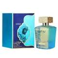 Lattafa Sheikh Al Shuyukh Supreme by Lattafa 100ml — A blue box with Arabic calligraphy and a portrait of a man in a headscarf is next to a clear glass perfume bottle with a gold textured cap and light green liquid. | Lattafa Sheikh Al Shuyukh Supreme by Lattafa 100ml — Kotak biru dengan kaligrafi Arab dan potret