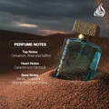 Lattafa Sheikh Al Shuyukh Supreme by Lattafa 100ml — A blue box with Arabic calligraphy and a portrait of a man in a headscarf is next to a clear glass perfume bottle with a gold textured cap and light green liquid. | Lattafa Sheikh Al Shuyukh Supreme by Lattafa 100ml — Kotak biru dengan kaligrafi Arab dan potret