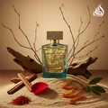 Lattafa Sheikh Al Shuyukh Supreme by Lattafa 100ml — A blue box with Arabic calligraphy and a portrait of a man in a headscarf is next to a clear glass perfume bottle with a gold textured cap and light green liquid. | Lattafa Sheikh Al Shuyukh Supreme by Lattafa 100ml — Kotak biru dengan kaligrafi Arab dan potret