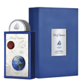 Art of Universe Lattafa Pride edp pembungkusan biru latar putih dekat sisi