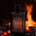 Nuit Parfaite Rave edp perfume bottle on burning wood pile at night closeup