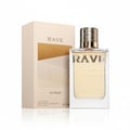 Au Soleil Rave edp beige packaging white background clear glass fragrance container