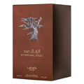 Eternal Oud Lattafa Pride brown perfume packaging white background closeup front corner