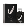 Ishq Al Shuyukh Silver edp pembungkusan hitam sleek, dekat sudut depan