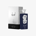 Ansaam Silver Lattafa Pride edp biru navy pembungkusan kaca segi empat dekat