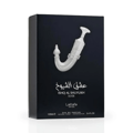 Ishq Al Shuyukh Silver edp pembungkusan dekat, kotak hadiah mewah hitam depan