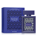 Now Intense Rave edp pembungkusan biru latar belakang putih dekat sudut sisi