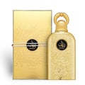 Lattafa Bayaan Eau De Parfum 100ml by Lattafa — A golden perfume bottle with intricate Arabic calligraphy design, presented in a white box with a matching golden outer sleeve featuring similar calligraphy. | Lattafa Bayaan Eau De Parfum 100ml by Lattafa — Botol minyak wangi emas dengan reka bentuk kaligrafi Arab yang