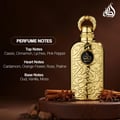Lattafa Bayaan Eau De Parfum 100ml by Lattafa — A golden perfume bottle with intricate Arabic calligraphy design, presented in a white box with a matching golden outer sleeve featuring similar calligraphy. | Lattafa Bayaan Eau De Parfum 100ml by Lattafa — Botol minyak wangi emas dengan reka bentuk kaligrafi Arab yang