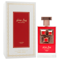 Lattafa Pride Sapphire Royal edp perfume bottle in red box closeup view on white background side view square angle packaging