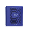 Now Intense Rave edp pembungkusan biru latar belakang putih dekat sisi depan