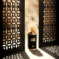 Mashrabya Lattafa edp fragrance black cylindrical glass surrounded smoke table top closeup