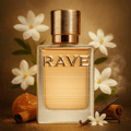 Au Soleil Rave edp gold surrounded white flowers brown background