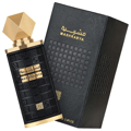 Mashrabya Lattafa black gold fragrance edp packaging closeup side angled down