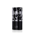 Lattafa Qimmah Eau De Parfum for Men 100ml — A black and silver perfume box with a pattern of irregular black shapes on a silver background, next to a black perfume bottle with a silver cap featuring a similar pattern. | Lattafa Qimmah Eau De Parfum for Men 100ml — Kotak minyak wangi hitam dan perak dengan corak