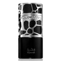 Lattafa Qimmah Eau De Parfum for Men 100ml — A black and silver perfume box with a pattern of irregular black shapes on a silver background, next to a black perfume bottle with a silver cap featuring a similar pattern. | Lattafa Qimmah Eau De Parfum for Men 100ml — Kotak minyak wangi hitam dan perak dengan corak