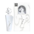 Lattafa Maahir Honor 100ml by Lattafa — White perfume bottle with a horse head stopper, tied with a white ribbon, inside an open white box with a cutout flap | Lattafa Maahir Honor 100ml by Lattafa — Botol minyak wangi putih dengan penutup kepala kuda, diikat dengan reben putih, di dalam kotak putih terbuka dengan