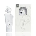 Lattafa Maahir Honor 100ml by Lattafa — White perfume bottle with a horse head stopper, tied with a white ribbon, inside an open white box with a cutout flap | Lattafa Maahir Honor 100ml by Lattafa — Botol minyak wangi putih dengan penutup kepala kuda, diikat dengan reben putih, di dalam kotak putih terbuka dengan